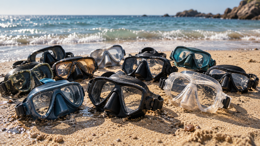 Masques d'apnée posés sur le sable de la plage